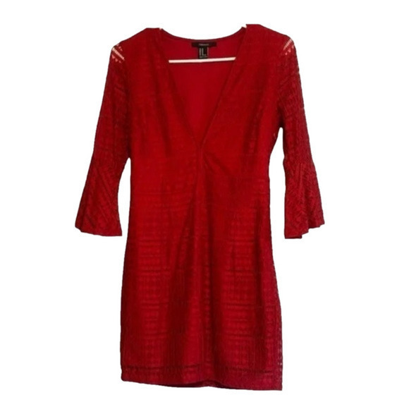 Forever 21 Dresses & Skirts - Forever 21 Red Lace Bell Sleeve Plunge Neckline Mini Dress